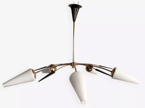 Lustre vintage italien en laiton doré et opaline blanche – Design années 50