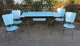 Table formica bleue, chaises formica, vintage, 1960