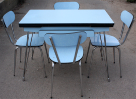 Table formica bleu pieds eiffel, 1950, EFJI