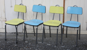 4 chaises formica bleues et jaune, vintage