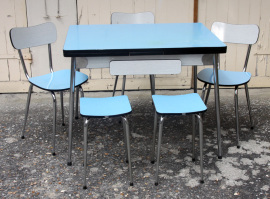 Table, chaises et tabourets formica bleu et gris, vintage, 1960