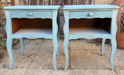 Paire de chevets patinés bleu lagon, vintage, années 60