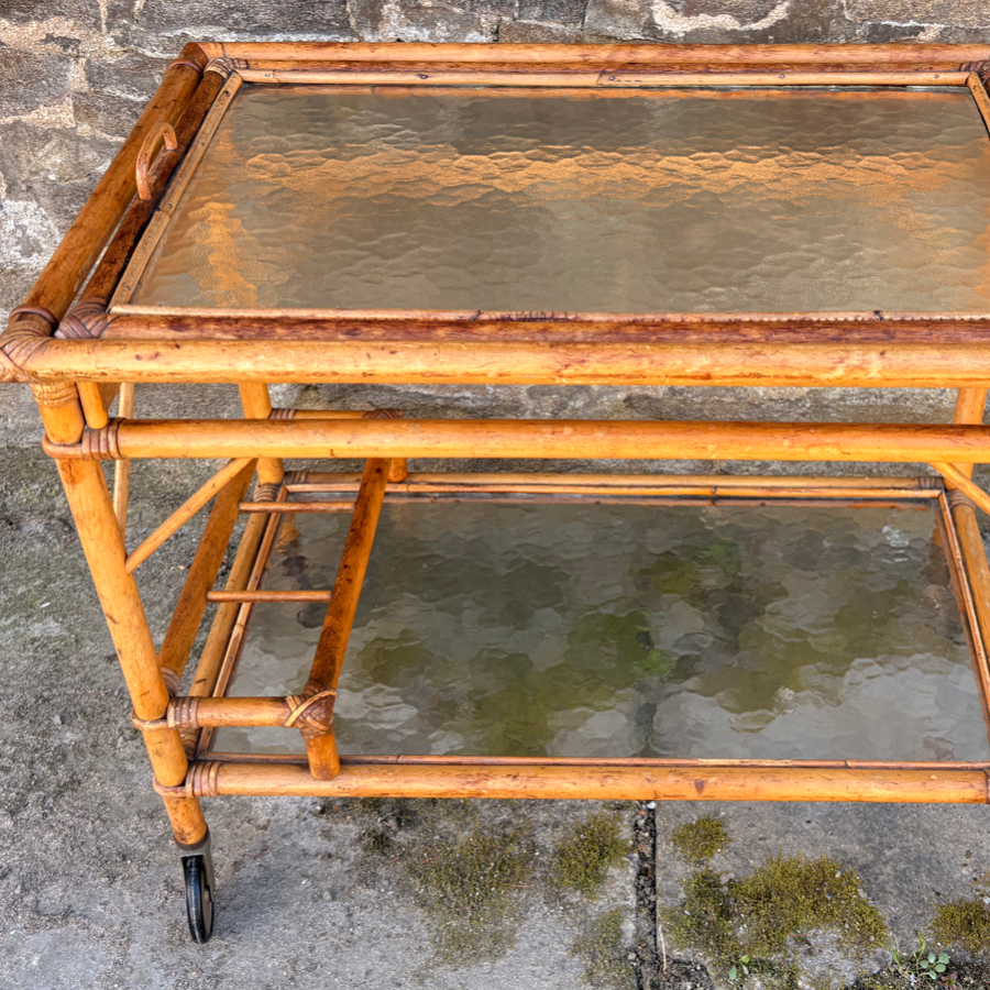 Table basse bambou rotin chêne foncé vintage années 60