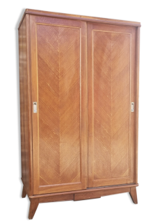 Armoire penderie bois vintage, portes coulissantes, années 50, 60