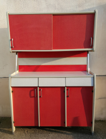 Buffet formica rouge et gris, 3 portes, années 60