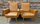 Paire fauteuils skaï moutarde, pieds laiton, esprit Guariche / Zanuso, vintage, années 50